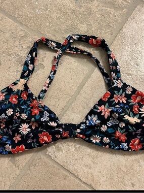 Skatie Black Floral Bikini Top with Red & White Flowers size L